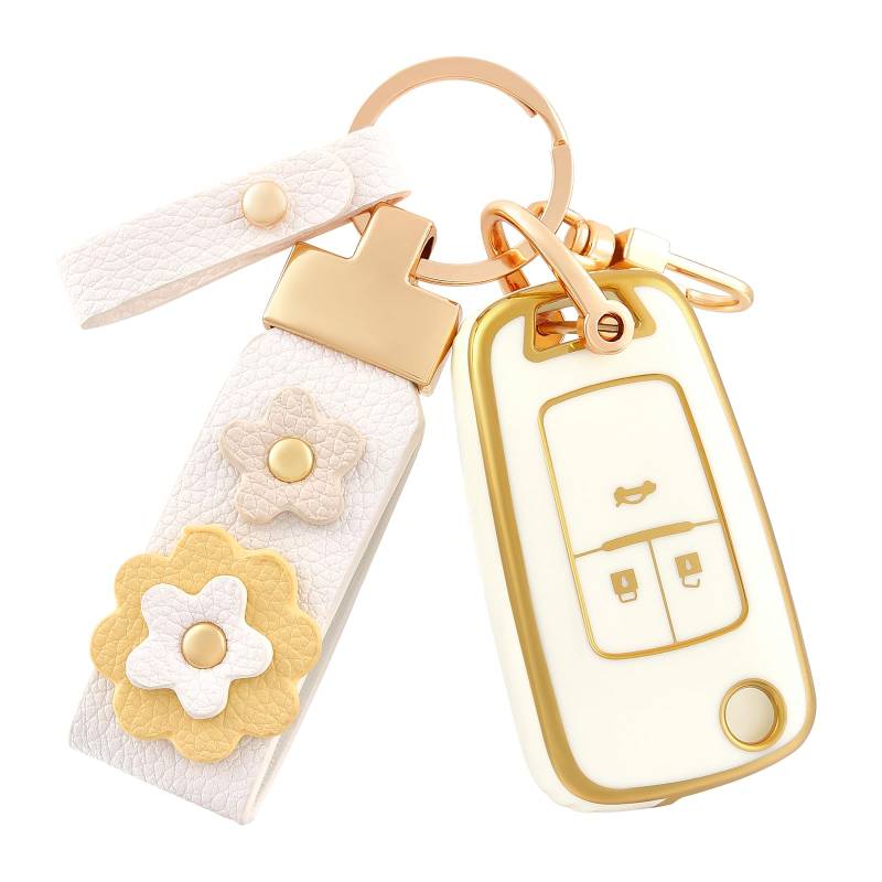 OFF WE GO Autoschlüssel Hülle Schlüsselhülle Cover für Opel Vauxhall Astra H J K Adam Insignia A Meriva B Mokka X Vectra C Zafira Mokka Schlüsselcover mit Schlüsselanhänger Schutz Gehäuse, Weiß Gold von OFF WE GO