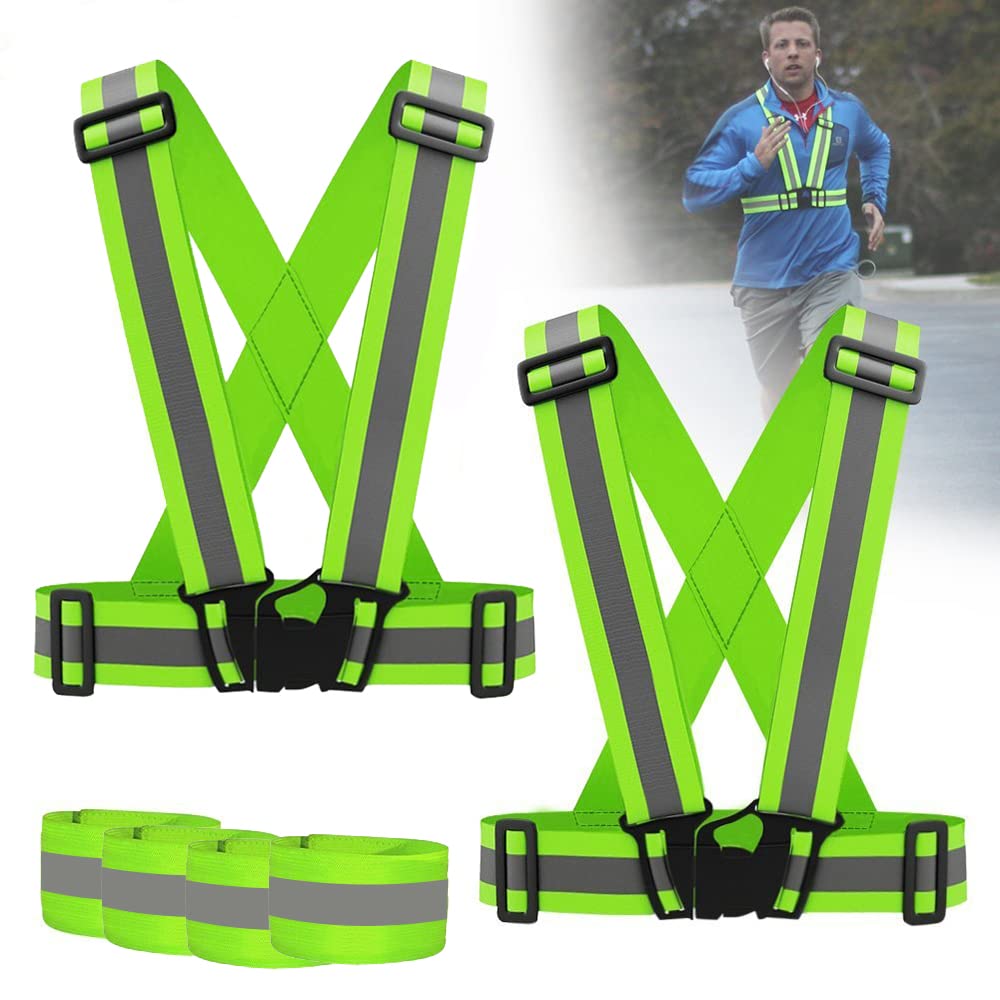 OFZVEO Reflektorweste Set, 2er Warnweste Einstellbar, Running Sicherheitsweste Fahrrad Warnweste, Sichtbarkeit Joggen Fahrrad Wandern Laufen Motorrad für Erwachsene & Jugendliche(2 Weste+4 Armband) von OFZVEO