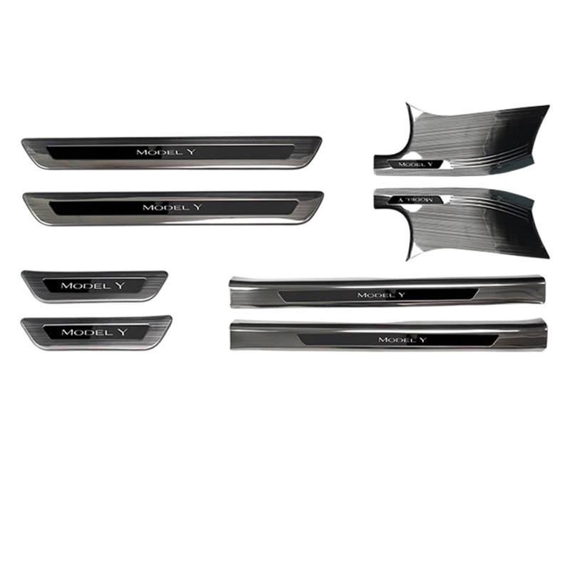 OGONGXM Kompatibel for Tesla Model Y Front Rear Door Sill Dekoration Aufkleber Zubehör Edelstahl Auto Schwelle Pedal Schutz Streifen 2022(Brushed Black-Kit A) von OGONGXM