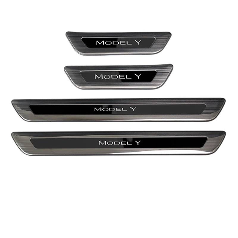 OGONGXM Kompatibel for Tesla Model Y Front Rear Door Sill Dekoration Aufkleber Zubehör Edelstahl Auto Schwelle Pedal Schutz Streifen 2022(Brushed Black-Kit B) von OGONGXM
