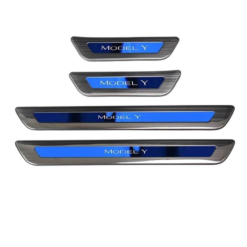 OGONGXM Kompatibel for Tesla Model Y Front Rear Door Sill Dekoration Aufkleber Zubehör Edelstahl Auto Schwelle Pedal Schutz Streifen 2022(Brushed Blue-Kit B) von OGONGXM