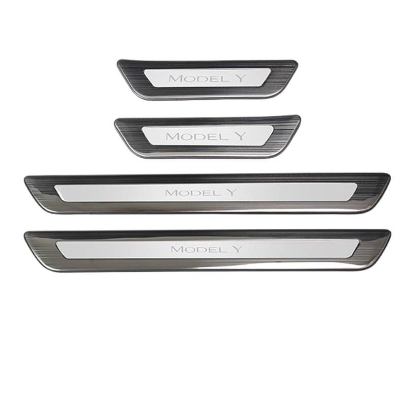OGONGXM Kompatibel for Tesla Model Y Front Rear Door Sill Dekoration Aufkleber Zubehör Edelstahl Auto Schwelle Pedal Schutz Streifen 2022(Brushed Silver-Kit B) von OGONGXM