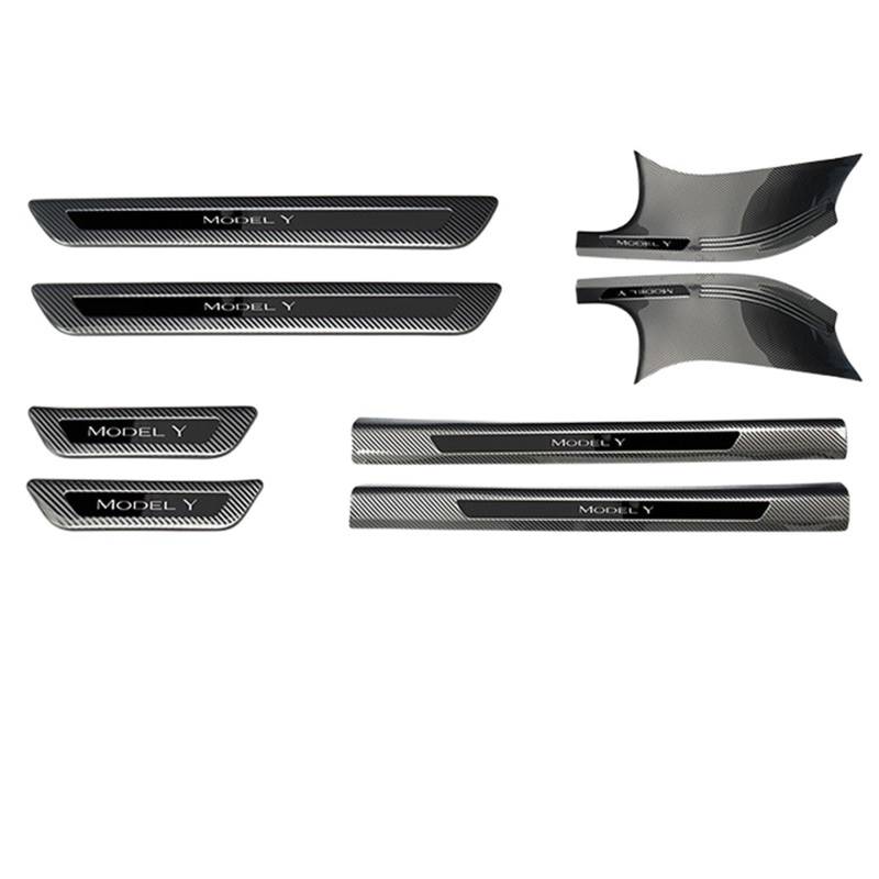 OGONGXM Kompatibel for Tesla Model Y Front Rear Door Sill Dekoration Aufkleber Zubehör Edelstahl Auto Schwelle Pedal Schutz Streifen 2022(Carbon Black-Kit A) von OGONGXM