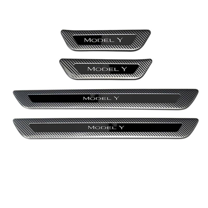 OGONGXM Kompatibel for Tesla Model Y Front Rear Door Sill Dekoration Aufkleber Zubehör Edelstahl Auto Schwelle Pedal Schutz Streifen 2022(Carbon Black-Kit B) von OGONGXM