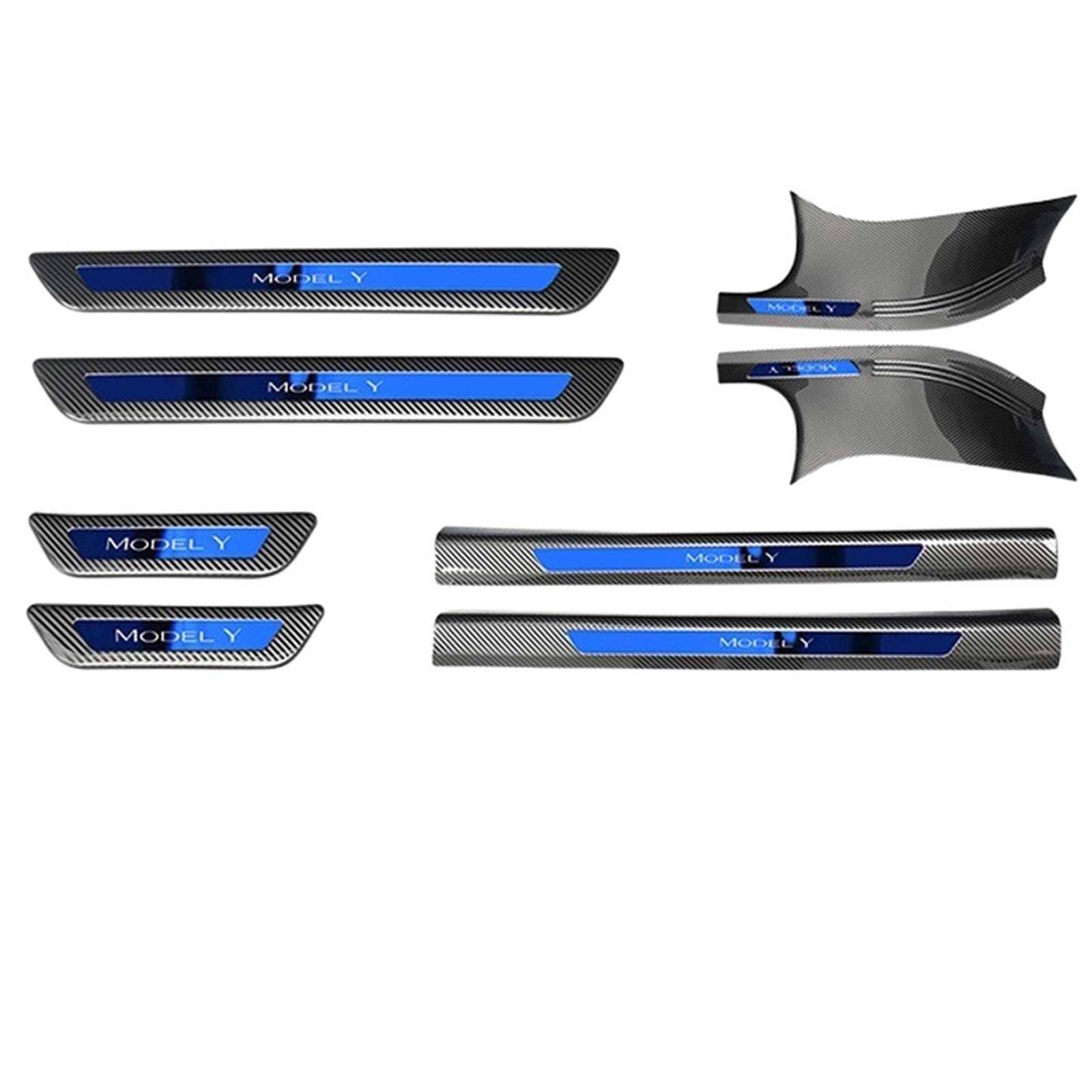 OGONGXM Kompatibel for Tesla Model Y Front Rear Door Sill Dekoration Aufkleber Zubehör Edelstahl Auto Schwelle Pedal Schutz Streifen 2022(Carbon Blue-Kit A) von OGONGXM