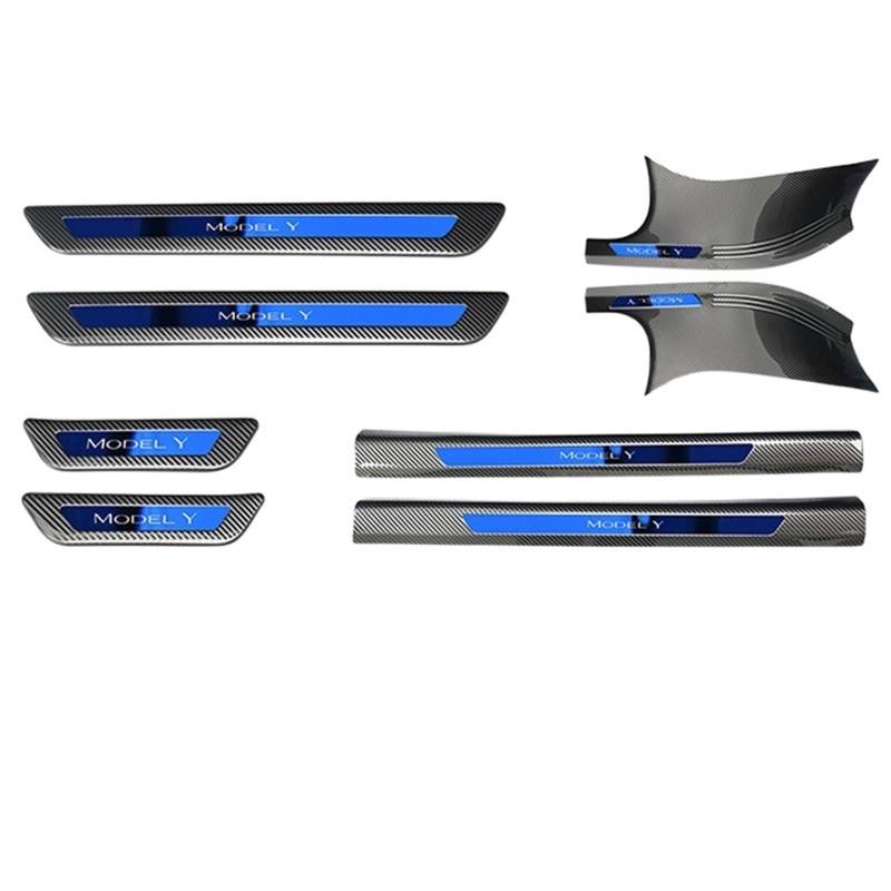 OGONGXM Kompatibel for Tesla Model Y Front Rear Door Sill Dekoration Aufkleber Zubehör Edelstahl Auto Schwelle Pedal Schutz Streifen 2022(Carbon Blue-Kit A) von OGONGXM