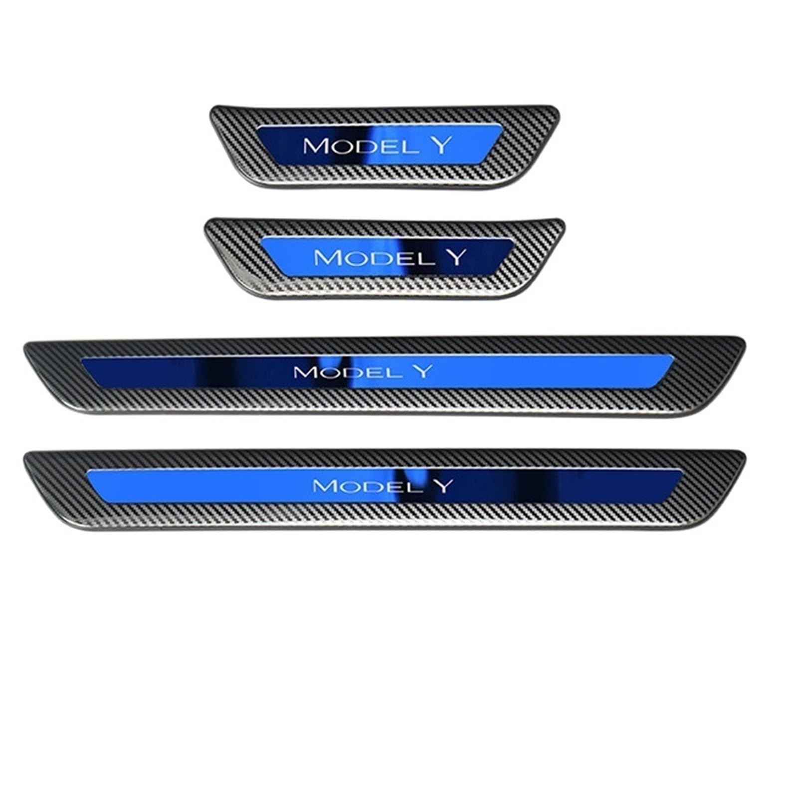 OGONGXM Kompatibel for Tesla Model Y Front Rear Door Sill Dekoration Aufkleber Zubehör Edelstahl Auto Schwelle Pedal Schutz Streifen 2022(Carbon Blue-Kit B) von OGONGXM