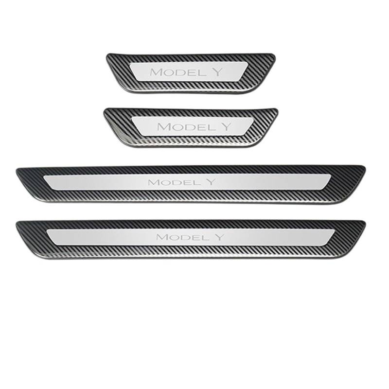 OGONGXM Kompatibel for Tesla Model Y Front Rear Door Sill Dekoration Aufkleber Zubehör Edelstahl Auto Schwelle Pedal Schutz Streifen 2022(Carbon Silver-Kit B) von OGONGXM