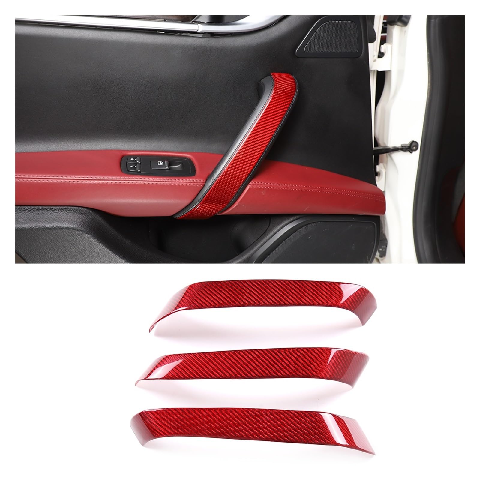 OGONGXM Kompatibel mit Maserati Ghibli 2014–2022, Echtkohlefaser, Auto-Innentürgriff, Schutzarmlehnenabdeckung, Aufkleber, Auto-Innenausstattung(Red Carbon Fiber) von OGONGXM