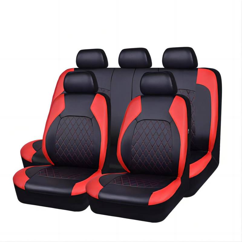 OKMNJHY 9 PCS Leder Autositzbezüge Set, Für Toyota Yaris Hybrid 2020-2024 Sitzbezügesets Autositzbezüge Set,Autositzzubehör,Leicht Reinigen,C/9pcs Set Red von OKMNJHY