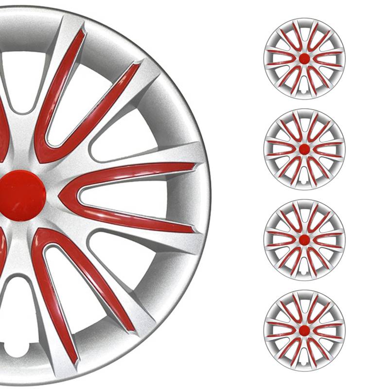 OMAC 4X Radkappen Radzierblenden Radblenden 14" Zoll Stahlfelgen Glänzend Grau-Rot von OMAC