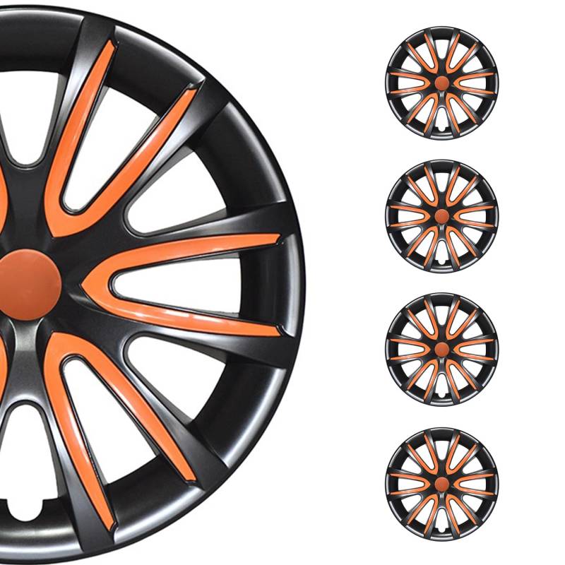 OMAC Radkappen Radblenden Radzierblenden Set 16" Zoll Kompatibel mit Auto KFZ PKW | Aus Pa66 M20 + PP ABS-Material Stahlfelgen Felgendeckel | 1 Satz (4 Stück) Schwarz/Orange Vorne und Hinten von OMAC