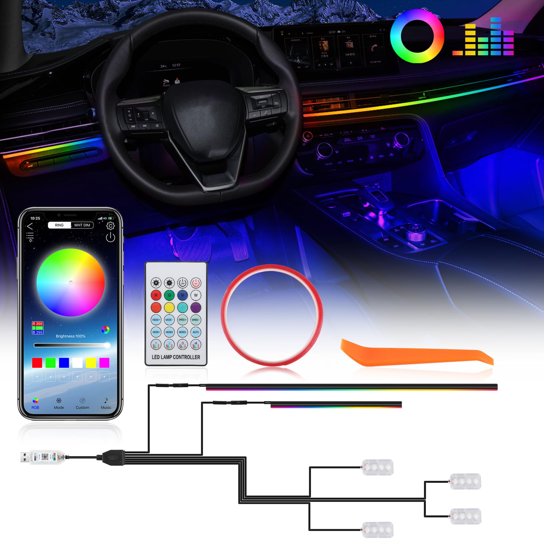 OMECO LED Innenbeleuchtung Auto USB Ambientebeleuchtung Auto Fußraum Rainbow Car LED Strip Light 16 Million Dynamic Chasing Music Sync Neon LED Strip Set mit APP Steuerung und Fernbedienung von OMECO