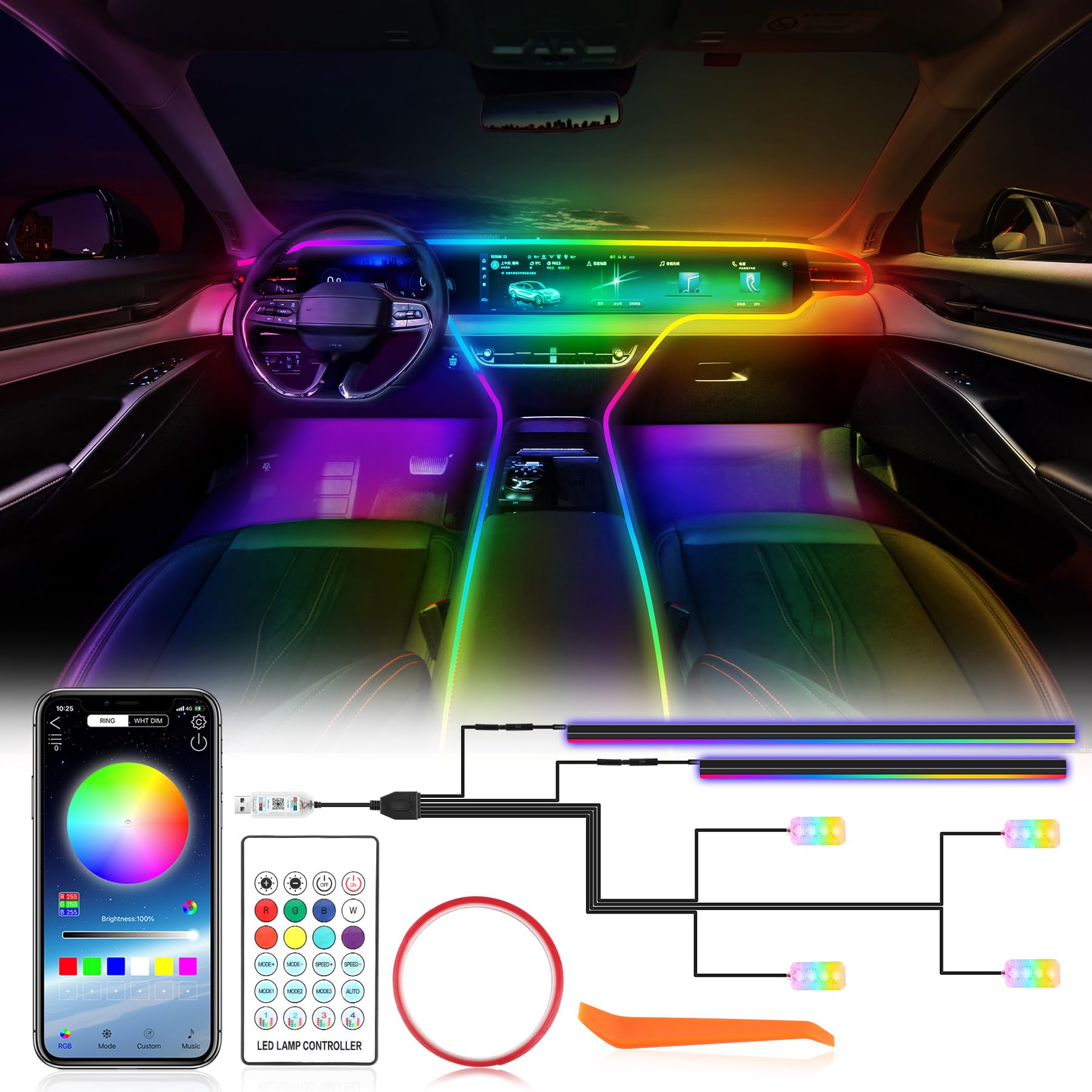OMECO Ambientebeleuchtung Auto, Neon 5050RGB 5V Auto LED Innenbeleuchtung mit Fußraumbeleuchtung und Kontroller Rainbow LED Strip Auto Light Set Musik Sync USB mit APP Steuerung und Fernbedienung OMECO Ambientebeleuchtung Auto, Neon 5050RGB 5V Auto LED Innenbeleuchtung mit Fußraumbeleuchtung und Kontroller Rainbow LED Strip Auto Light Set Musik Sync USB mit APP Steuerung und Fernbedienung von OMECO