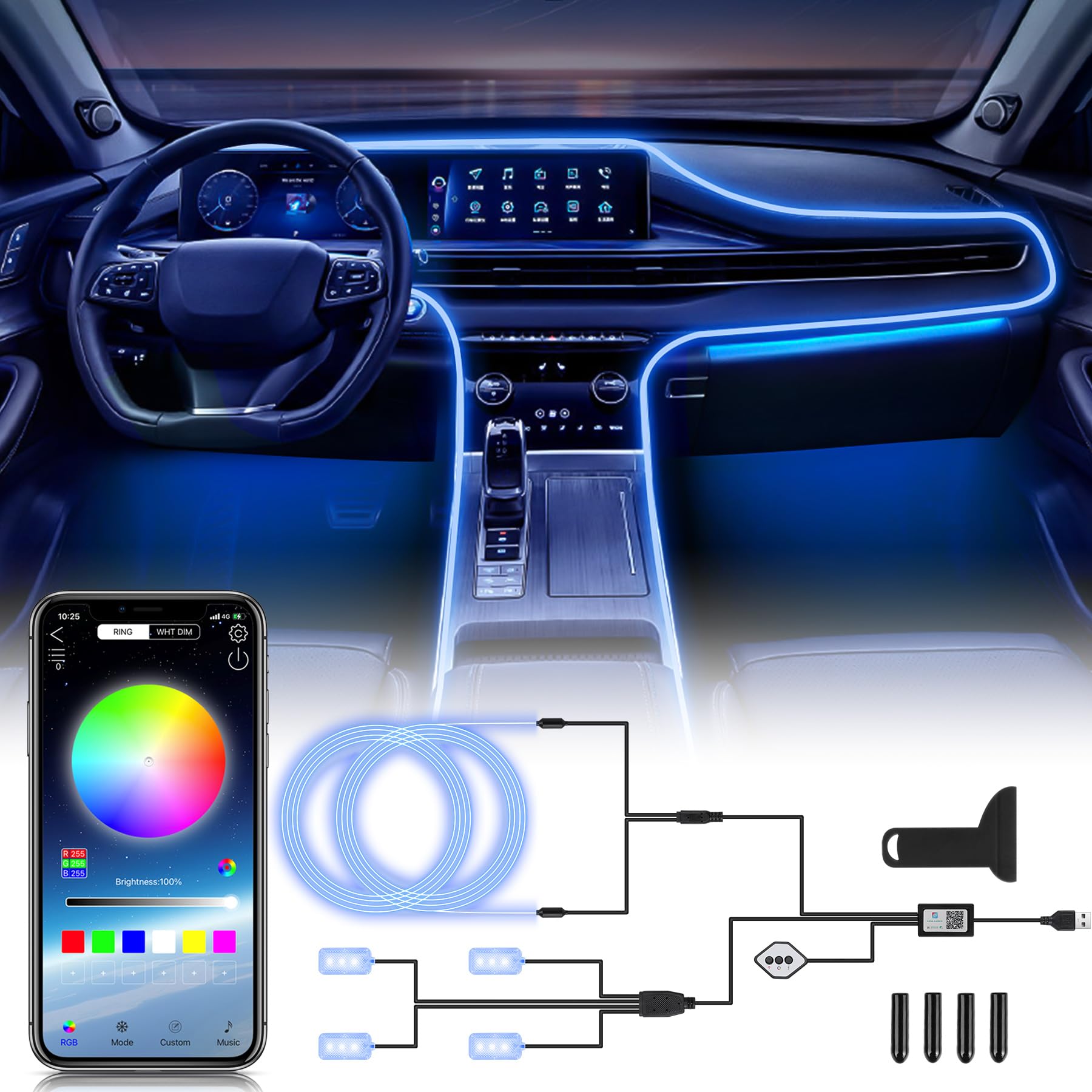 OMECO LED Innenbeleuchtung Auto USB Ambientebeleuchtung 4m 5050RGB mit Fußraumbeleuchtung und Kontroller 12v Streifen Innenbeleuchtung Atmosphärenlicht Fußraum wasserdichte Musik Strip Set von OMECO