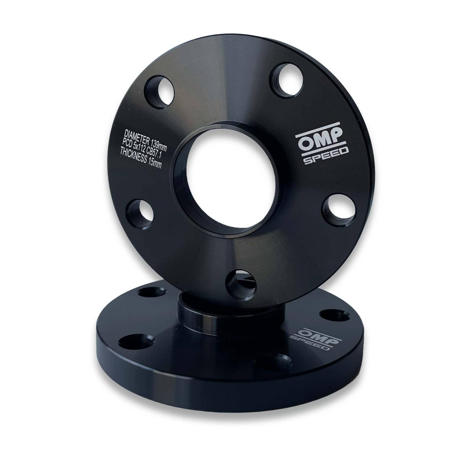 OMP Speed Satz von 2 Spurverbreiterungen Doppelzentriert Stärke: 15mm PCD: 5x112 CB: 57.1 OD: 139 Schrauben x20 M14x1.5 Kegel + 14x1.5 Kugel + Felgenschloss Schwarz Aluminium - OMPS08641501 von OMP