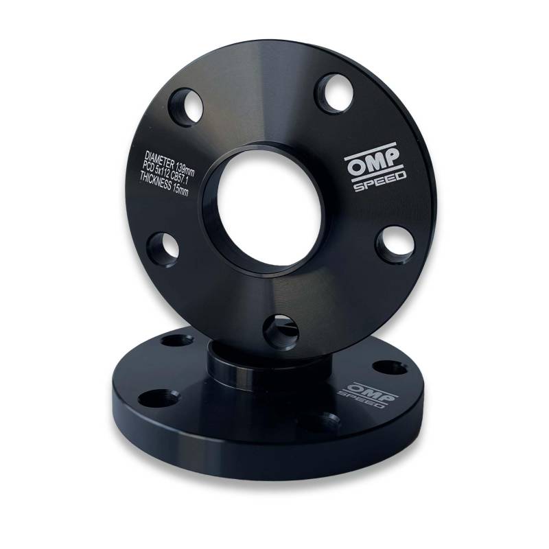 OMP Speed Satz von 2 Spurverbreiterungen Doppelzentriert Stärke: 15mm PCD: 5x112 CB: 57.1 OD: 139 Schrauben x20 M14x1.5 Kegel + 14x1.5 Kugel + Felgenschloss Schwarz Aluminium - OMPS08641501 von OMP
