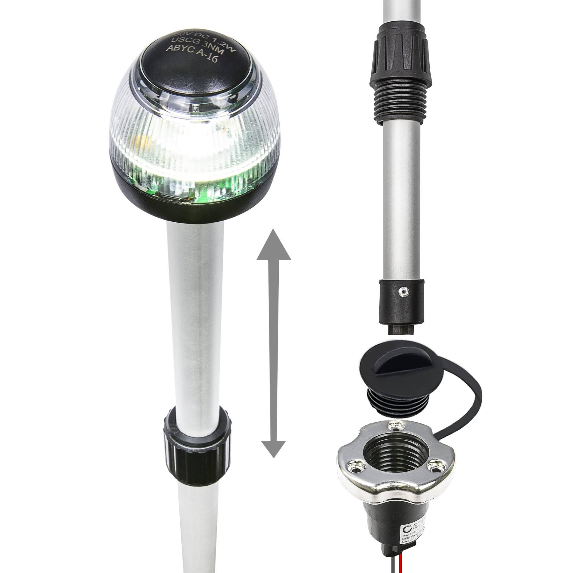 86,4 cm - 152,4 cm verstellbare weiße LED Marine Navigation Anker Allround-Bootlicht [USCG ABYC A-16 3NM] [IP66 wasserdicht] [Aluminium & ABS] 3 nautische Meilen Sichtbarkeit Hecklicht Fischerboot von ONLINE LED STORE