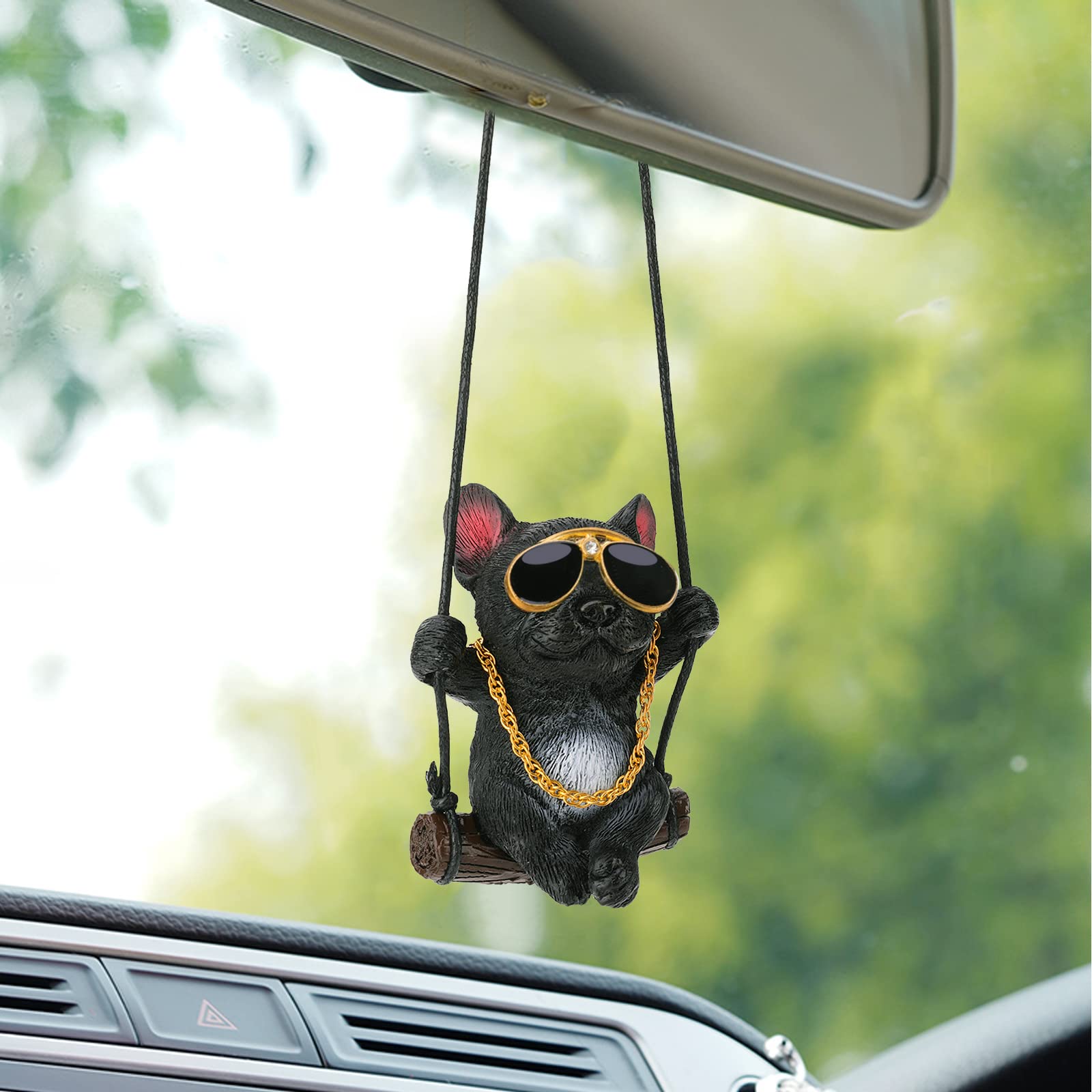 OOTSR Auto Anhänger,Auto Spiegel zum Aufhängen,kreative Bulldogge,Auto Anhänger für Rückspiegel,Miniatur Auto Dekoration, Geschenk, lustiger Tier Auto Anhänger（Schwarze Sonnenbrille Halskette） von OOTSR