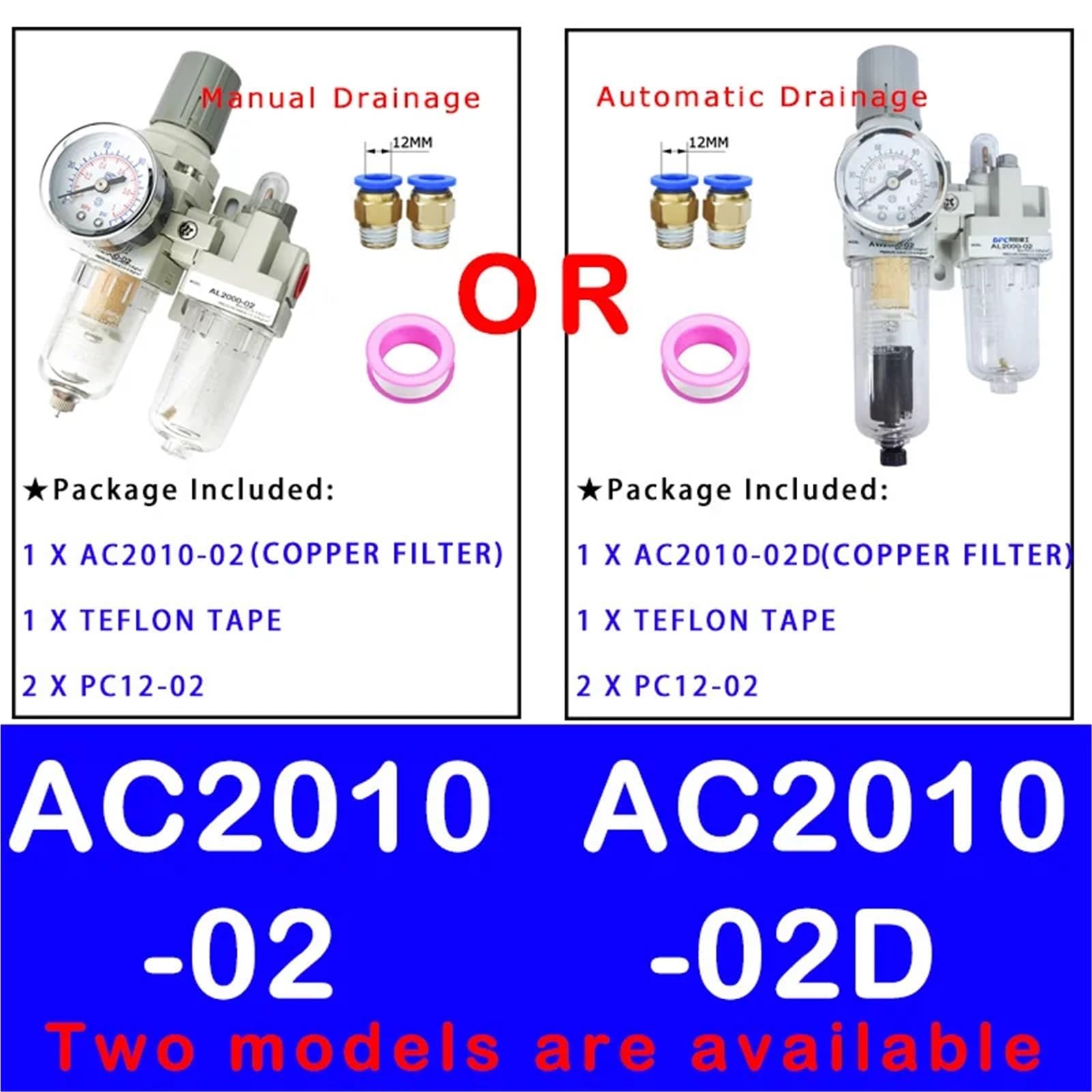 AC2010-02 AC2010-02D Pneumatische Luftfilter Druckregler Öl-Wasser-Separator Manuelle Entwässerung Versorgung Pumpe Kompressor Filter(Copper And PC12-02,AC2010-02D) von OPEUSLIEV