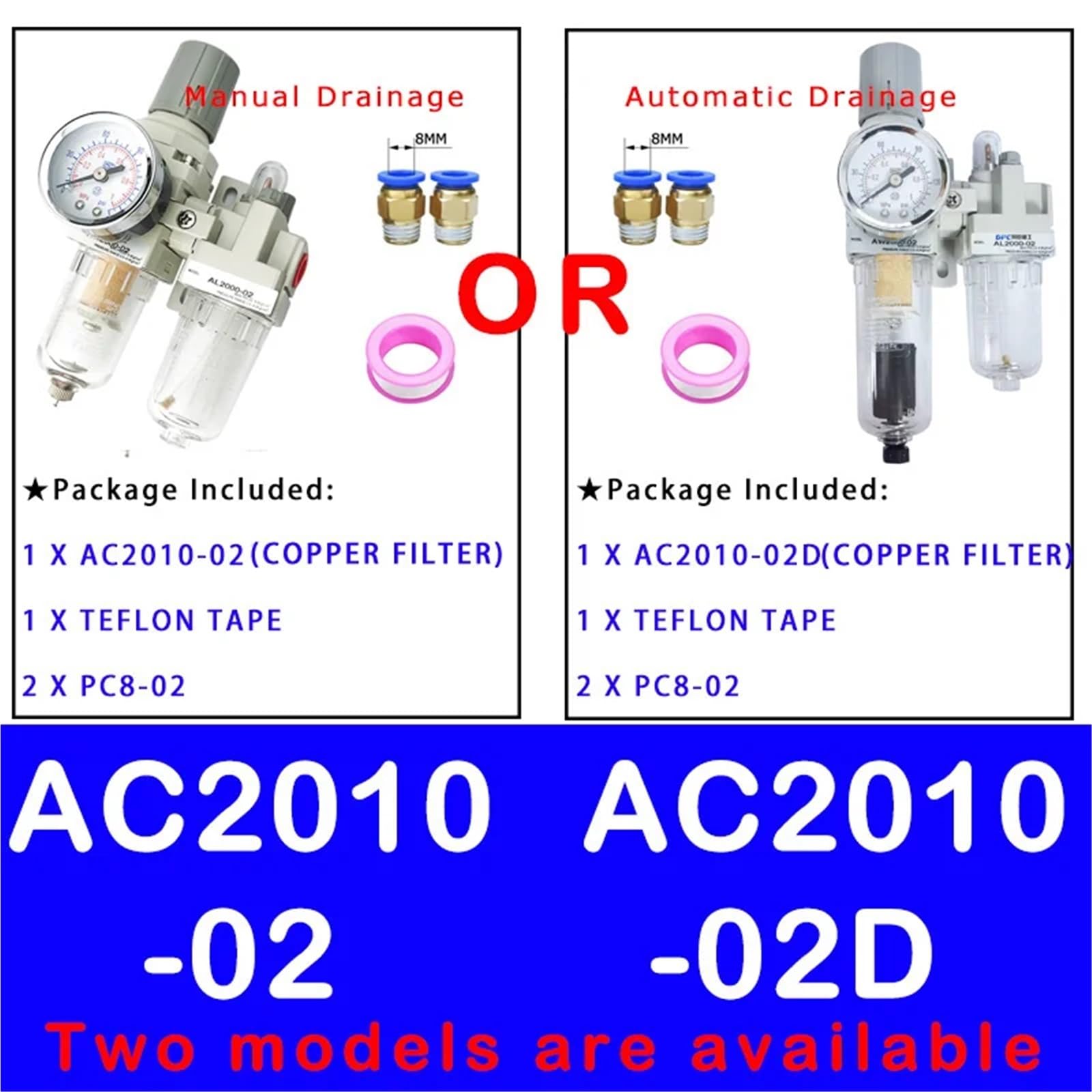 AC2010-02 AC2010-02D Pneumatische Luftfilter Druckregler Öl-Wasser-Separator Manuelle Entwässerung Versorgung Pumpe Kompressor Filter(Copper And PC8-02,AC2010-02D) von OPEUSLIEV
