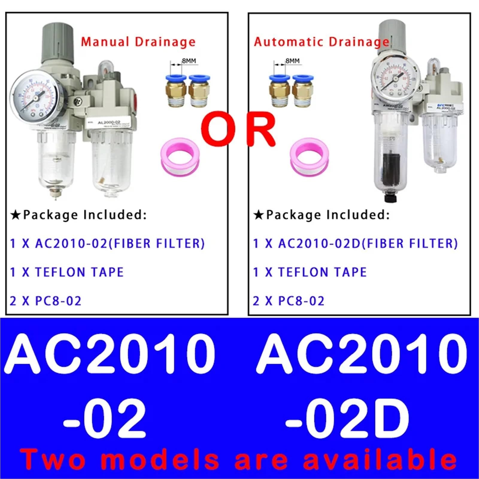 AC2010-02 AC2010-02D Pneumatische Luftfilter Druckregler Öl-Wasser-Separator Manuelle Entwässerung Versorgung Pumpe Kompressor Filter(Fiber And PC8-02,AC2010-02) von OPEUSLIEV