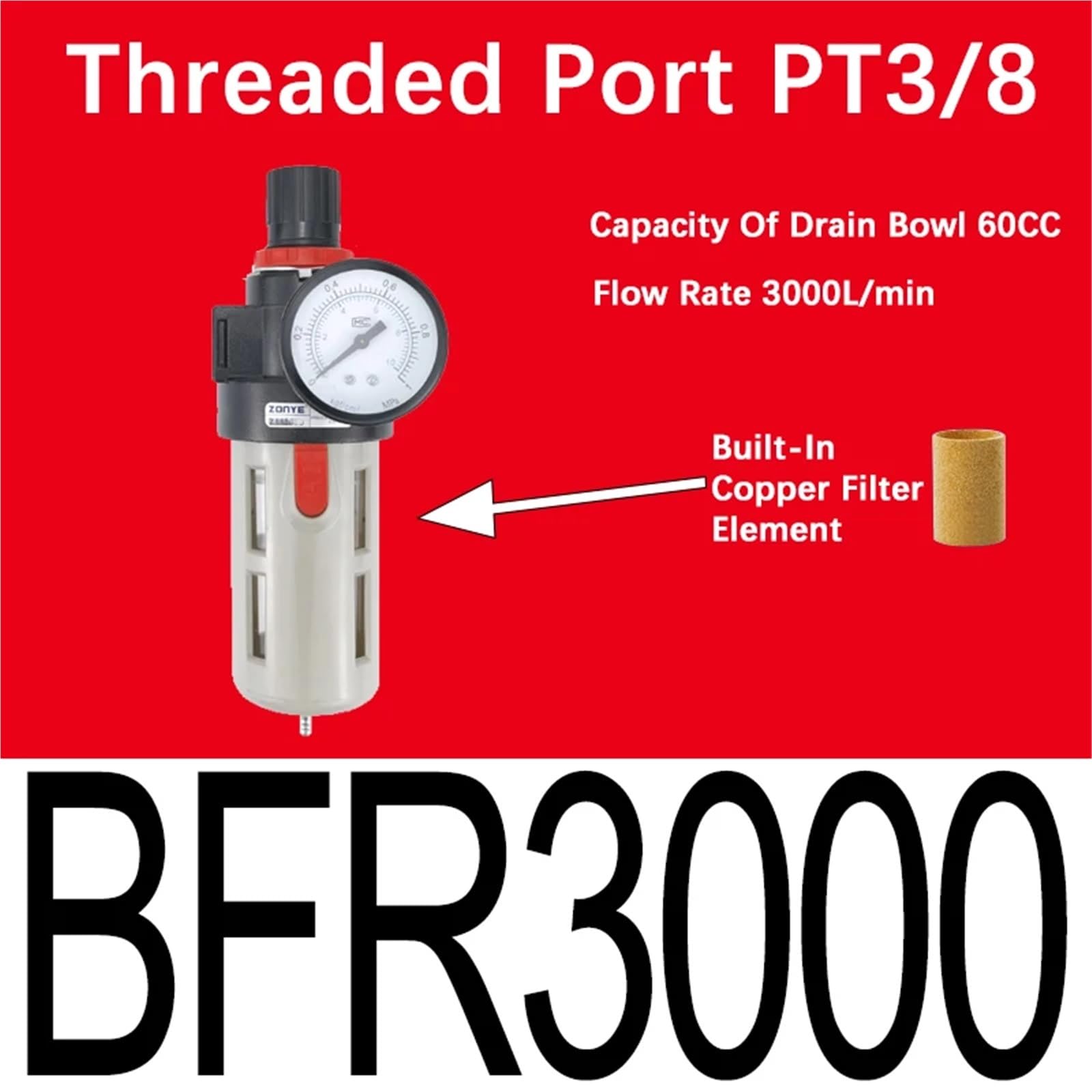 AL/AR/AF/AFC200 BL/BF/BR/BFC2000 3000 4000 PT1/4 "3/8" 1/2 "Luftaufbereitung Pneumatischer Kompressor Filter Ölabscheider(BFR3000,With 12mm Fitting) von OPEUSLIEV