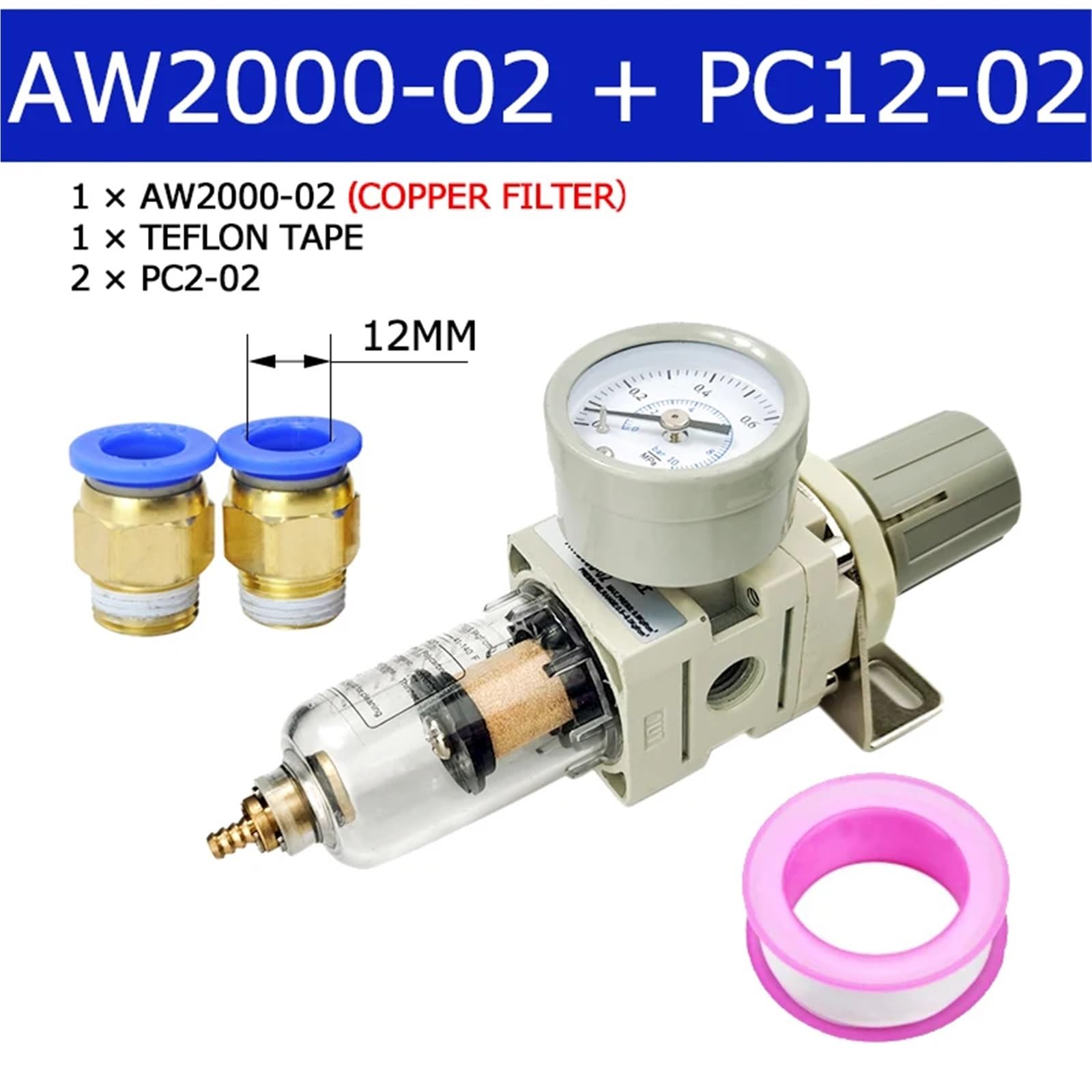 AW2000-02 Pneumatischer Kompressor Luftfilter Behandlungsfilter Druckregler Manometer Ölabscheider(AW2000-02 C PC12-02) von OPEUSLIEV