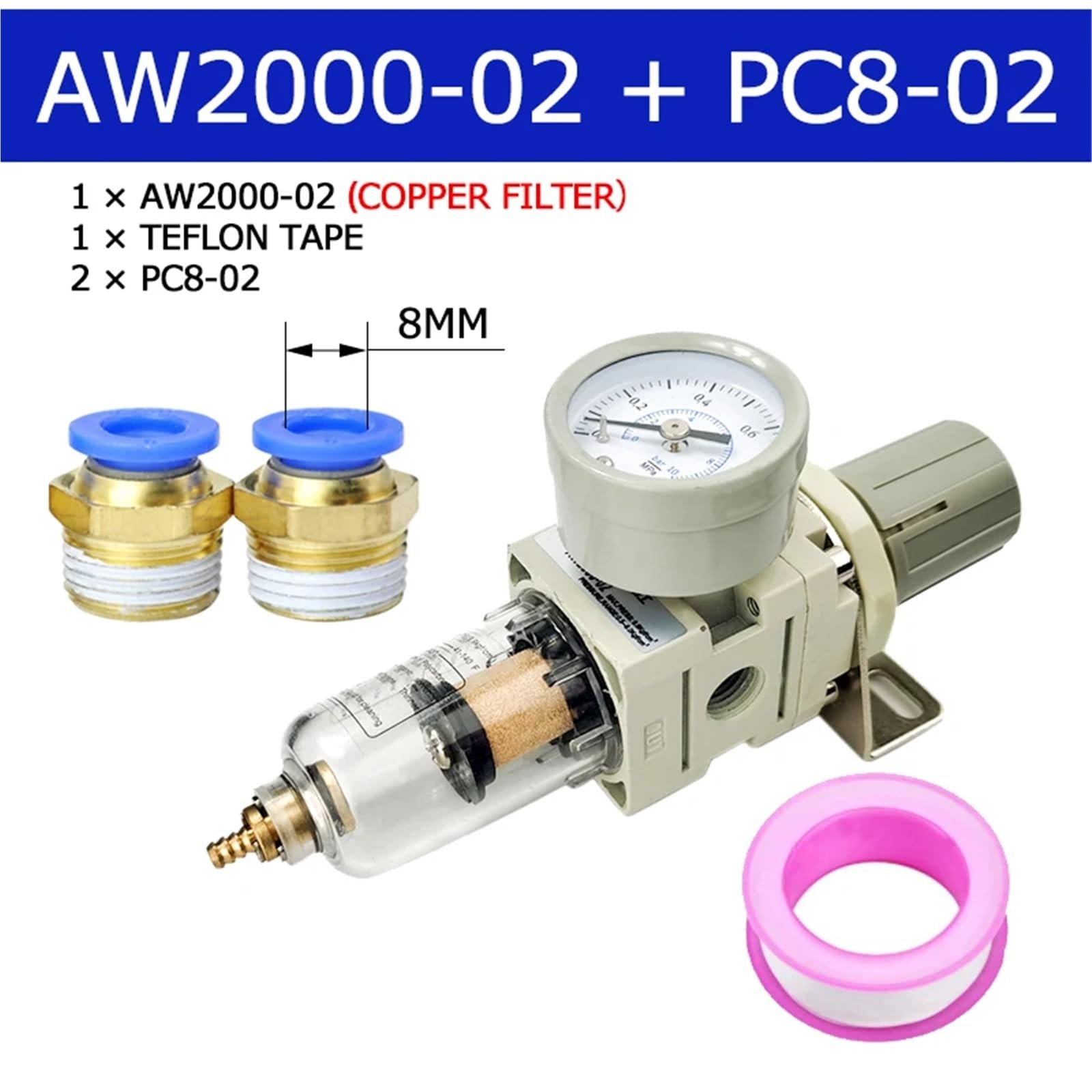 AW2000-02 Pneumatischer Kompressor Luftfilter Behandlungsfilter Druckregler Manometer Ölabscheider(AW2000-02 C PC8-02) von OPEUSLIEV