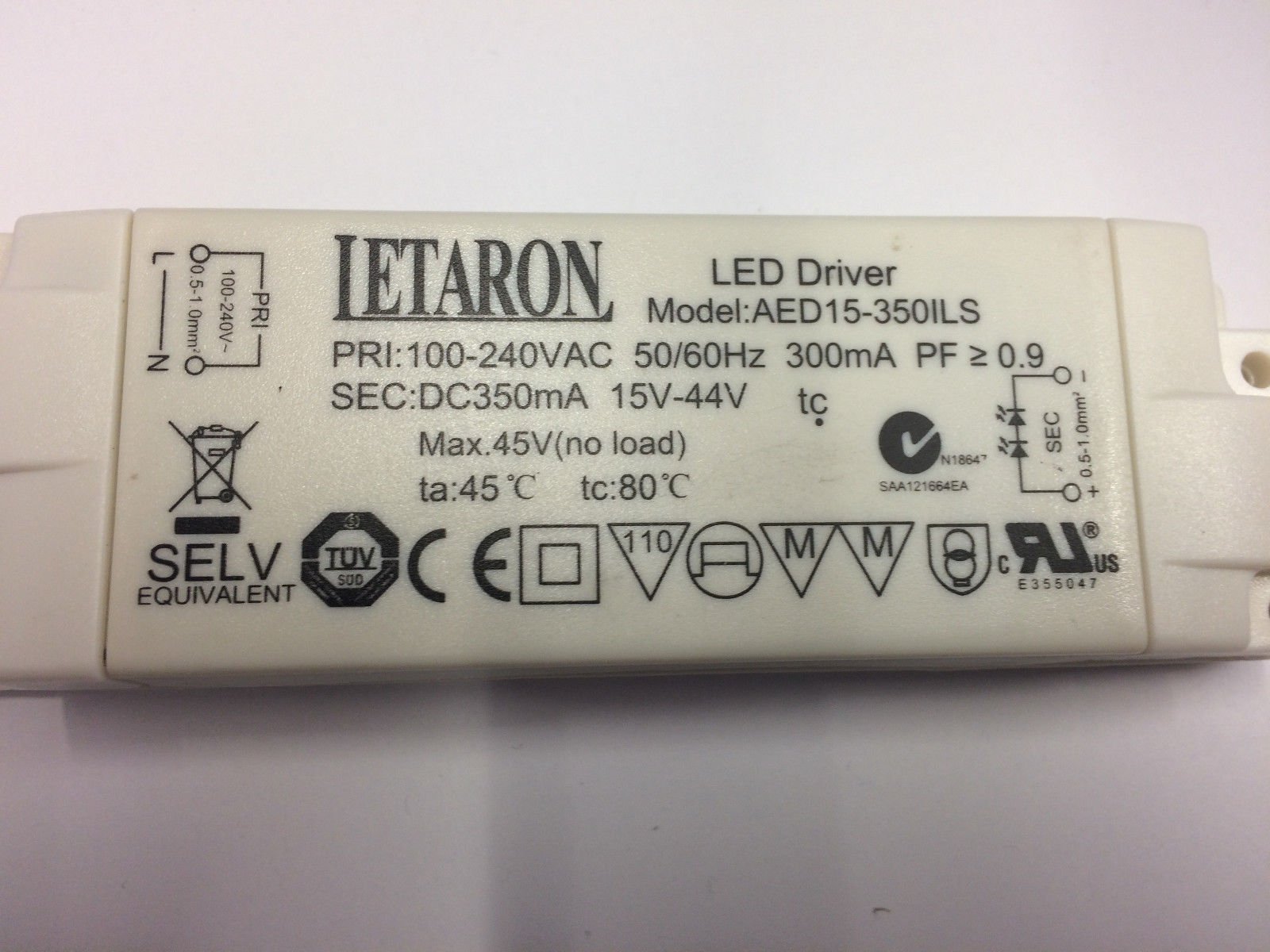 LED Driver LETARON 15W 15-44V 350mA AED15-350ILS Power Supply Treiber von ORION LIGHTSTYLE