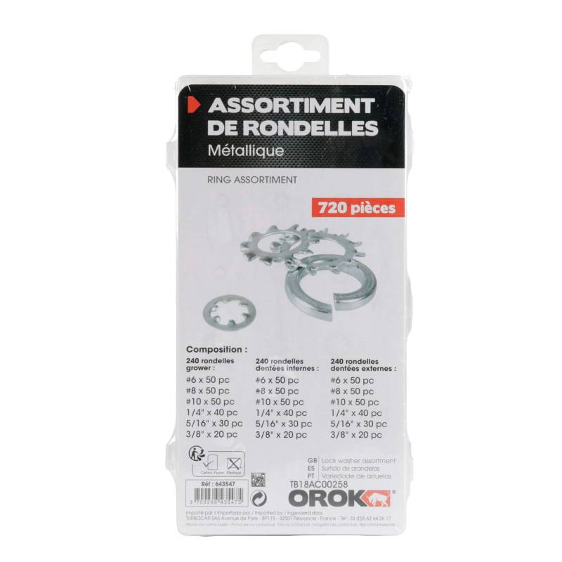 OROK 643547 – Unterlegscheiben, 720 Stück, Metall, geeignet für alle Arten von Anwendungen, verschiedene Durchmesser und Arten von Unterlegscheiben, erhältlich Grower, interne Zahnung, externe Zahnung von OROK