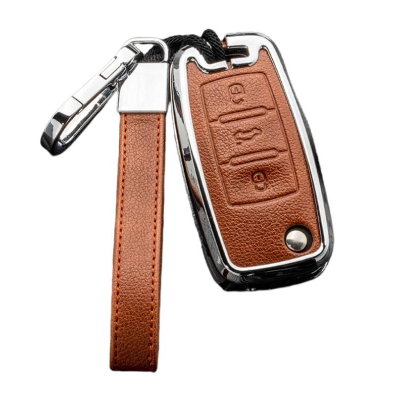 OTMIK Leder Zink Legierung Autoschlüssel Etui Kompatibel mit VW Volkswagen Polo Golf 4 5 6 Multivan T5 Caddy Jetta Skoda Fabia Seat Ibiza 3 Knöpfe (Braun + Silber) von OTMIK