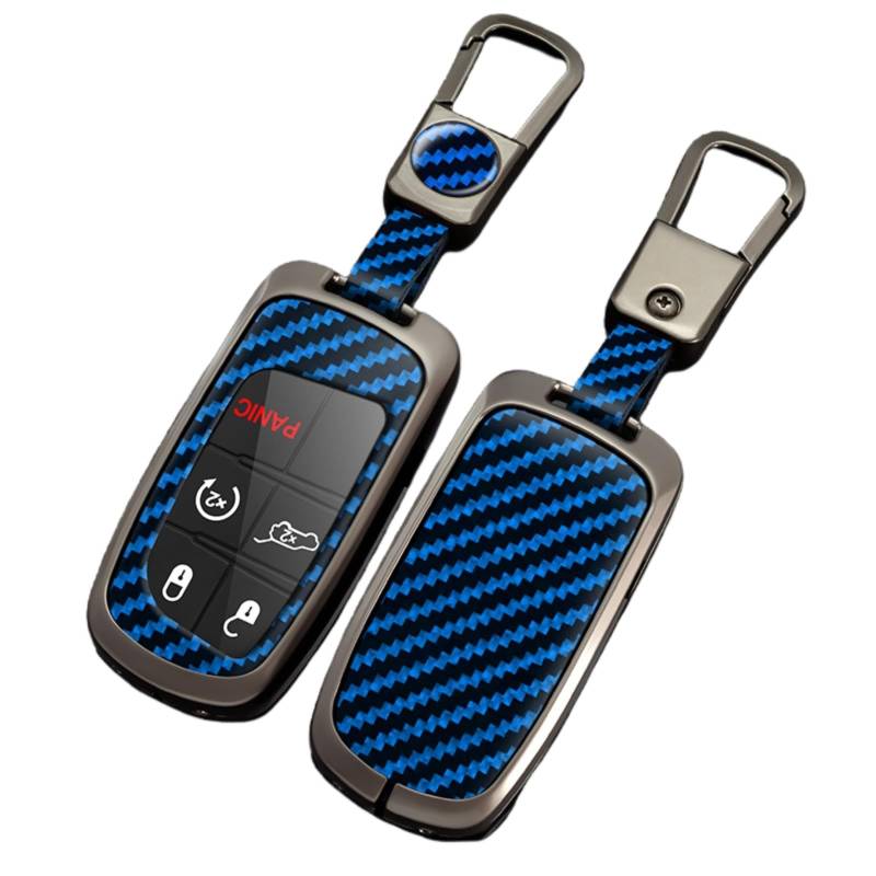 OTMIK Zinklegierung Kohlefaser Auto Schlüssel Abdeckung passend für Jeep Renegade Compass Grand Cherokee für Chrysler 300C Wrangler Dodge Schlüsselbund Zubehör (Blau) von OTMIK