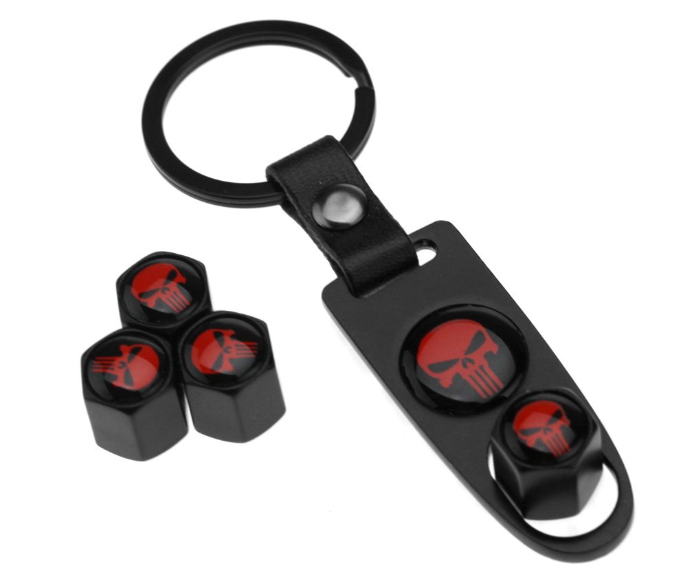 4 Stück Ventilkappen Auto Rot Schädel Abdeckung mit Schlüsselring von Micro Trader