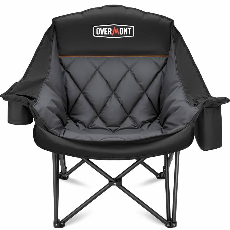 Overmont Übergroßer Klappbar Campingstuhl Campingsofa - bis 204KG Belastbar - Faltbar Campingsessel Gepolstert mit Getränkehalter Kühltasche hoher Rückenlehne für Outdoor Indoor Camping Garten Schwarz von OVERMONT