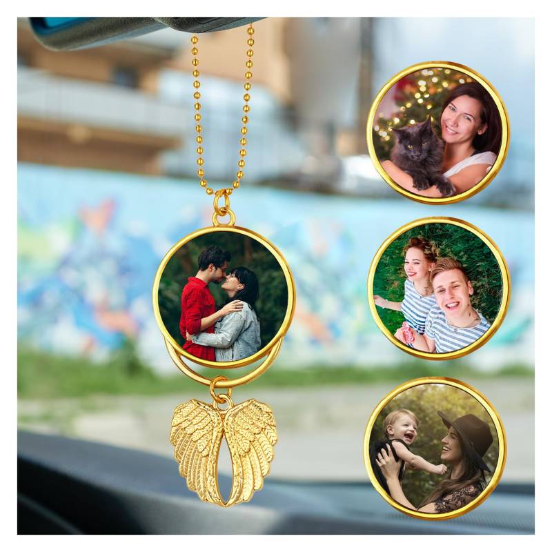 Auto Deko Innenraum,Autospiegel Anhänger,Rückspiegel Anhänger mit Gravur Engelsflügel Aufhänger,Autozubehör mit Personalisierter Fotogravur geschenke (Gold) von OXYEFEI