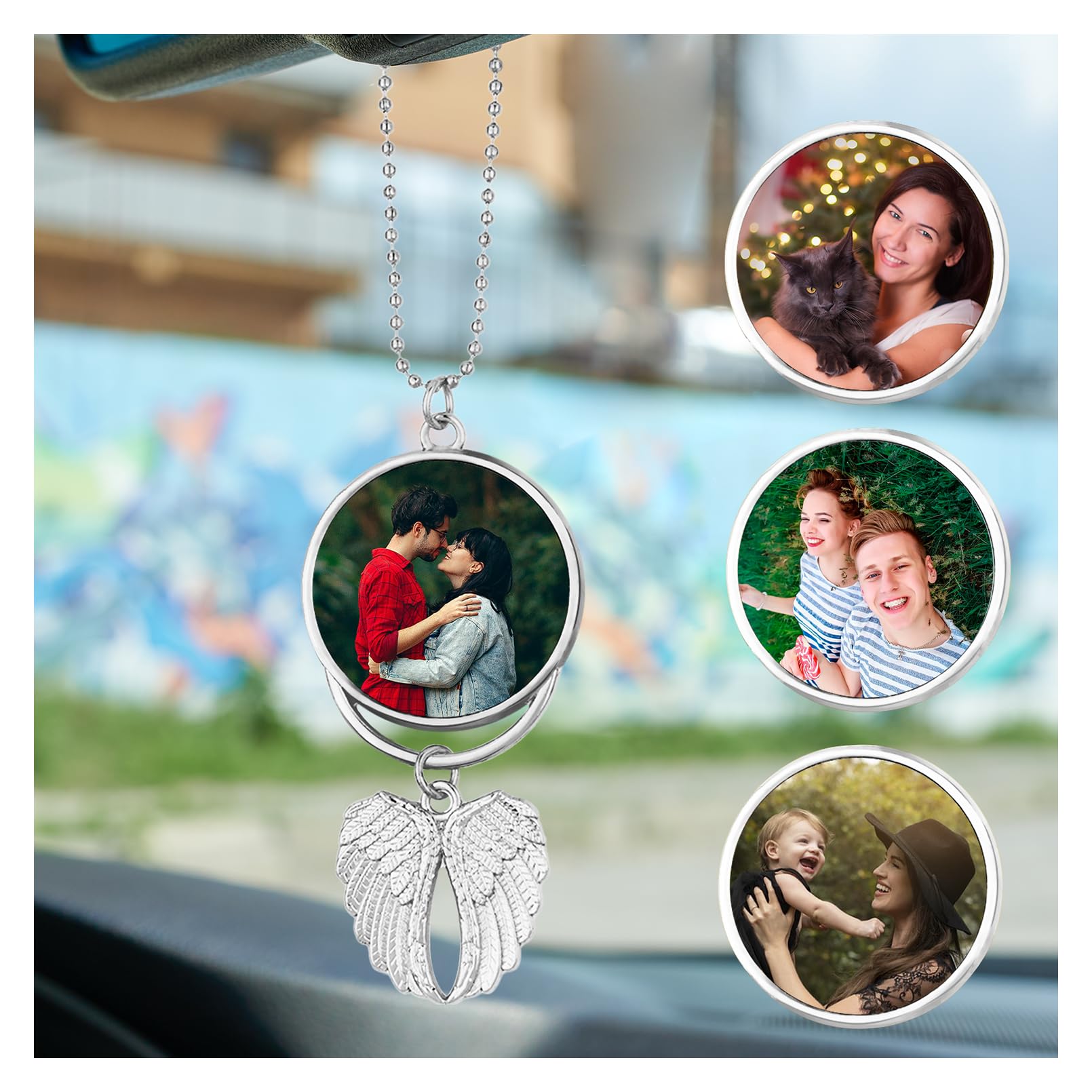 Auto Deko Innenraum,Autospiegel Anhänger,Rückspiegel Anhänger mit Gravur Engelsflügel Aufhänger,Autozubehör mit Personalisierter Fotogravur geschenke (Silber) von OXYEFEI