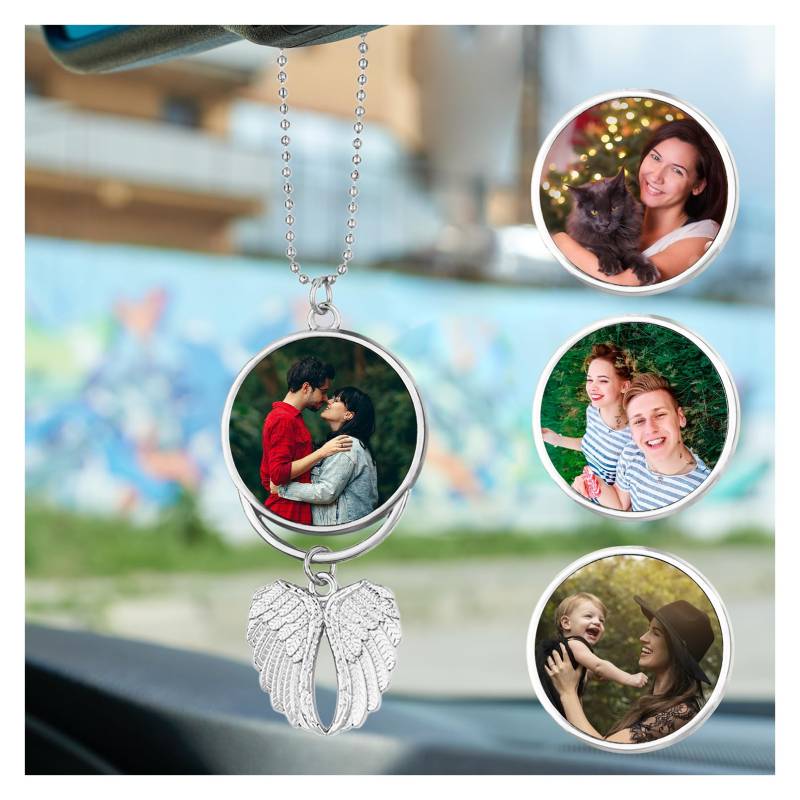 Auto Deko Innenraum,Autospiegel Anhänger,Rückspiegel Anhänger mit Gravur Engelsflügel Aufhänger,Autozubehör mit Personalisierter Fotogravur geschenke (Silber) von OXYEFEI