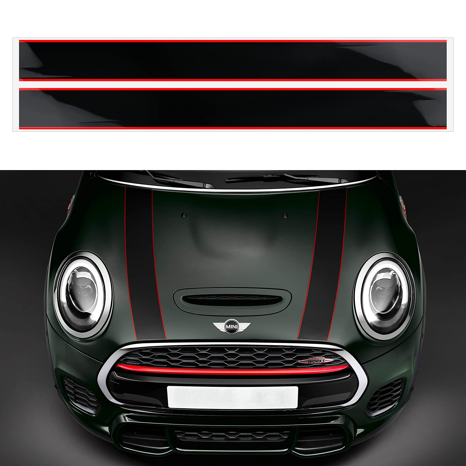 2PCS Motorhaubenaufkleber Rennstreifen – Kompatibel mit Mini Cooper R56 R55 R50 R53 R60 F56 F55 F54 F60– Universelle Autoaufkleber inkl. Tuch & Abstreicher (Rot & Schwarz) von OYDDL