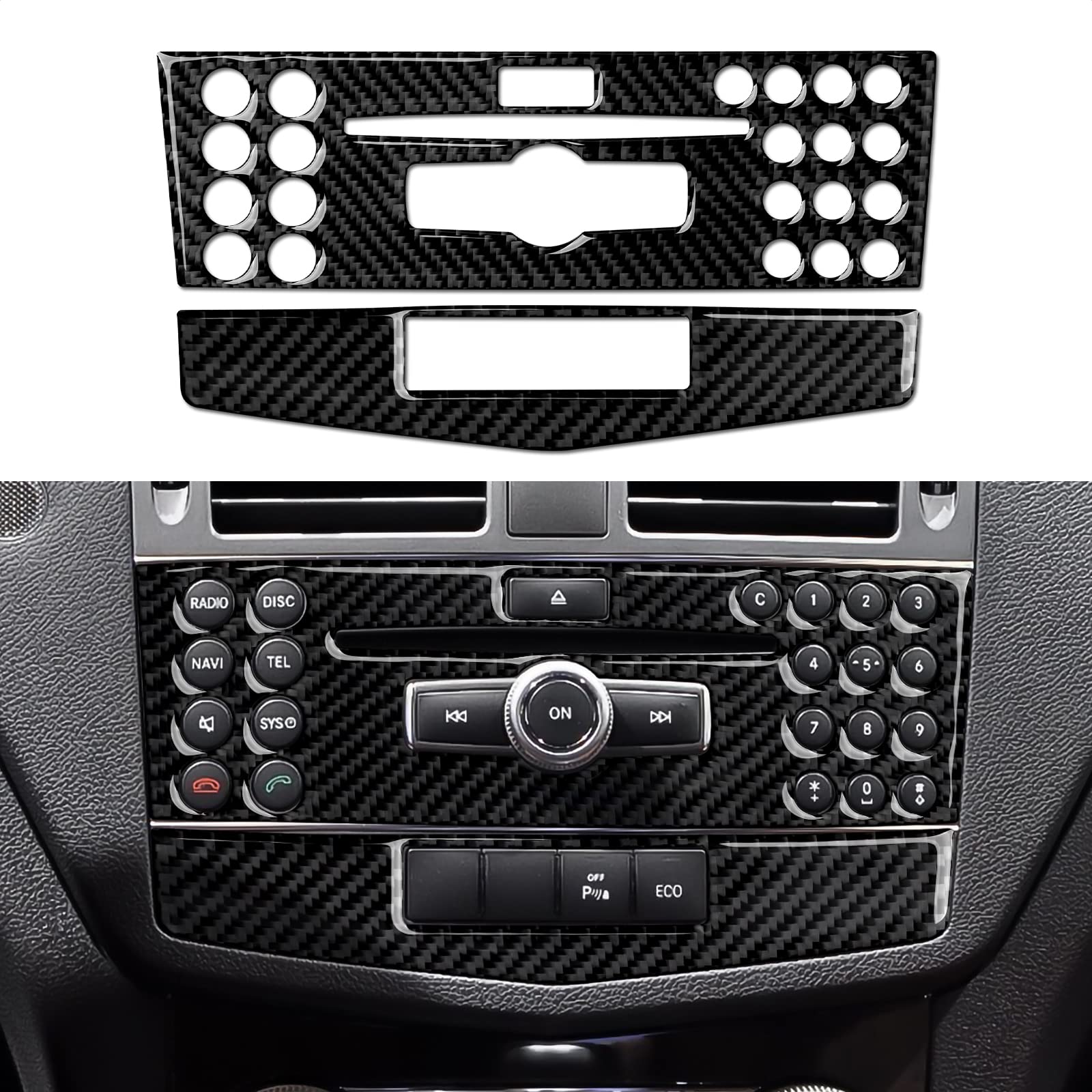 OYDDL 2PCS Auto CD Panel Aufkleber Mittelkonsole Navigationspanel Trim Cover Kohlefaser Kompatibel mit Mercedes Benz C Klasse W204 2007 2008 2009 2010 Zubehör (B) von OYDDL