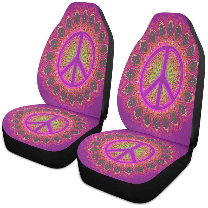 Oarencol Peace Mandala Flower 2 Vordersitzbezüge, Boho, bunte Schalensitze mit Organizer-Tasche für Fahrzeuge Limousine von Oarencol