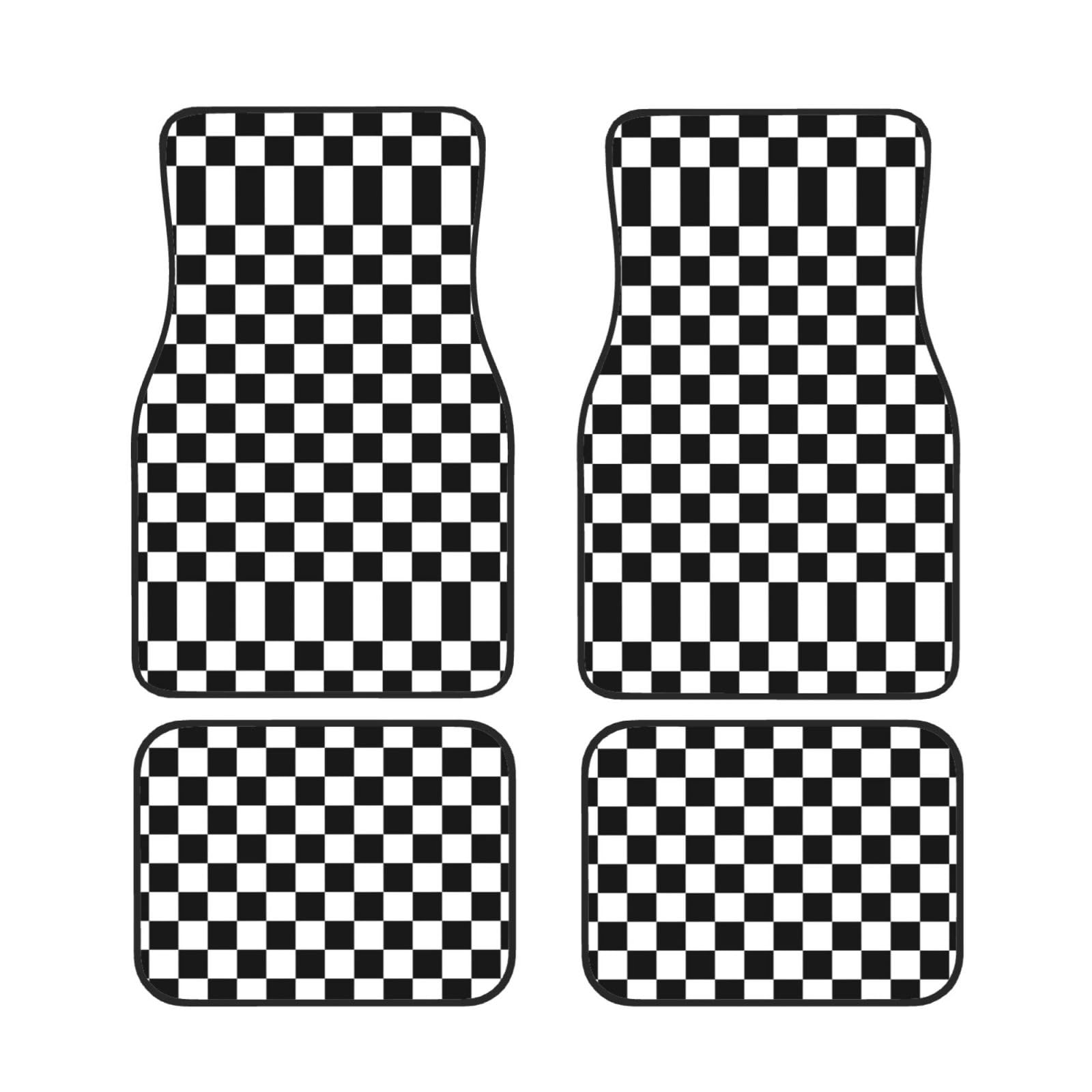 4-teiliges Auto-Fußmatten-Set, Gummi, rutschfest, vollständiges Set, universell passend für alle Autos, schwarz-weiß karierter Druck von OdDdot