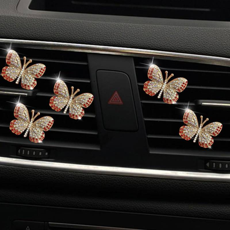 Odot Schmetterling Lufterfrischer-Kit, Auto Duft Lufterfrischer Auto Luftauslass Lufterfrischer Auto-Lüftungsclips Glitzernde Blumen Deko Lufterfrischer-Clips für Auto Deko (Rot, 5 Stück) von Odot