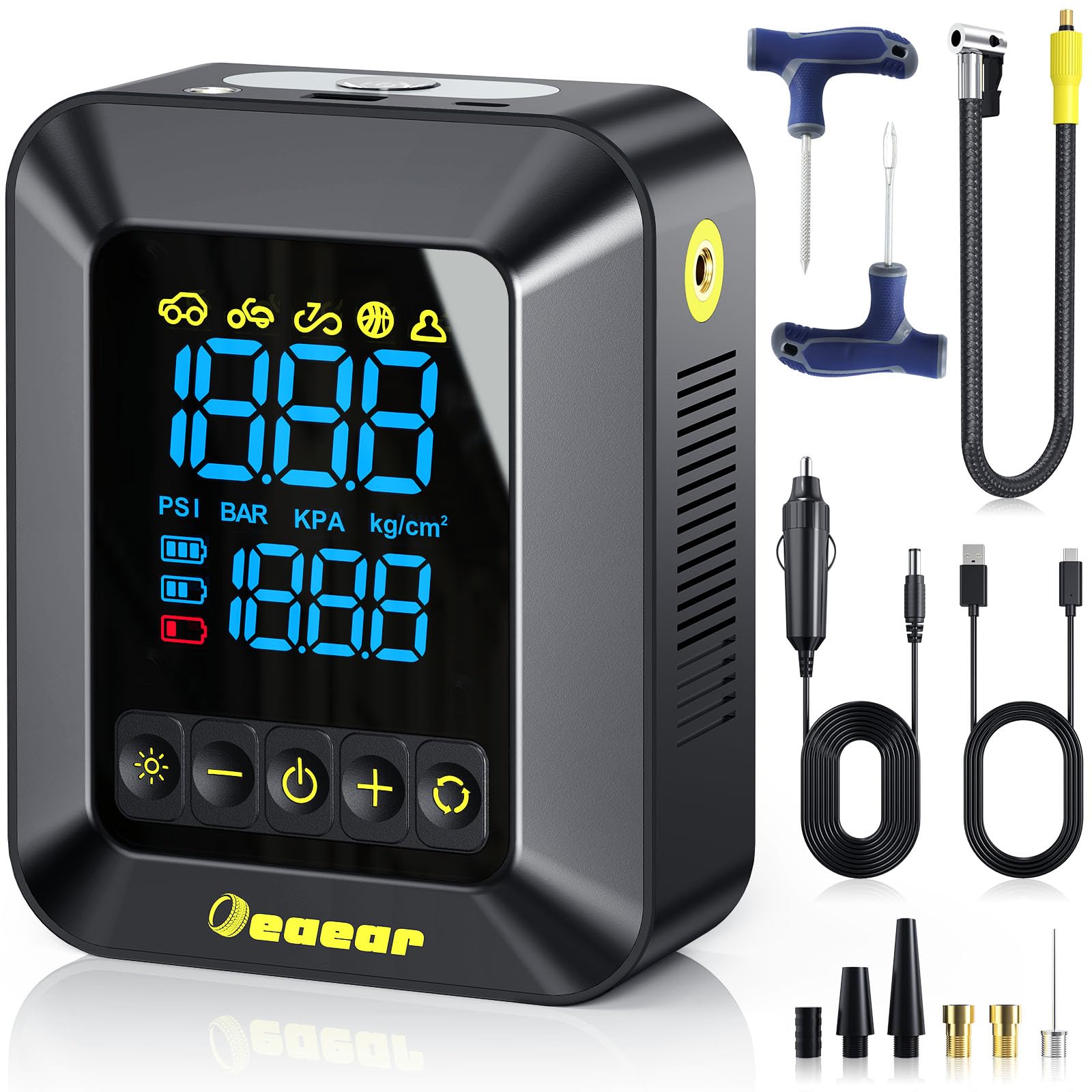 Oeaear Elektrisch Luftpumpe, 12000 mAh Doppelzylinder-Elektroluftpumpe, 150 PSI Kompressor Luftpumpe, mit Digitalanzeige und LED-Licht, für SUV Auto Fahrrad Motorrad Bälle Oeaear Elektrisch Luftpumpe, 12000 mAh Doppelzylinder-Elektroluftpumpe, 150 PSI Kompressor Luftpumpe, mit Digitalanzeige und LED-Licht, für SUV Auto Fahrrad Motorrad Bälle von Oeaear