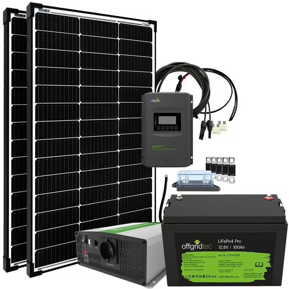 Offgridtec Autark Pro M 200W Solaranlage, 1500W AC Leistung, 100Ah LiFePO4 Akku, MPPT Laderegler mit Display, Plug & Play, Sinus-Spannungswandler, USB-Ausgänge, Für Wohnmobil und autarke Haushalte von Offgridtec