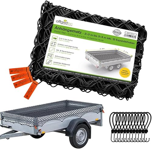 Offgridtec Anhänger-Ladungssicherungsnetz 1x2m auf 2x3m, Dehnbar & Feinmaschig, Inkl. 8 Spannhaken, Eckmarkierungen, Verstärktes Gummiseil, Ladungssicherung für Anhänger, Gartenabfälle, Baumaterialien von Offgridtec