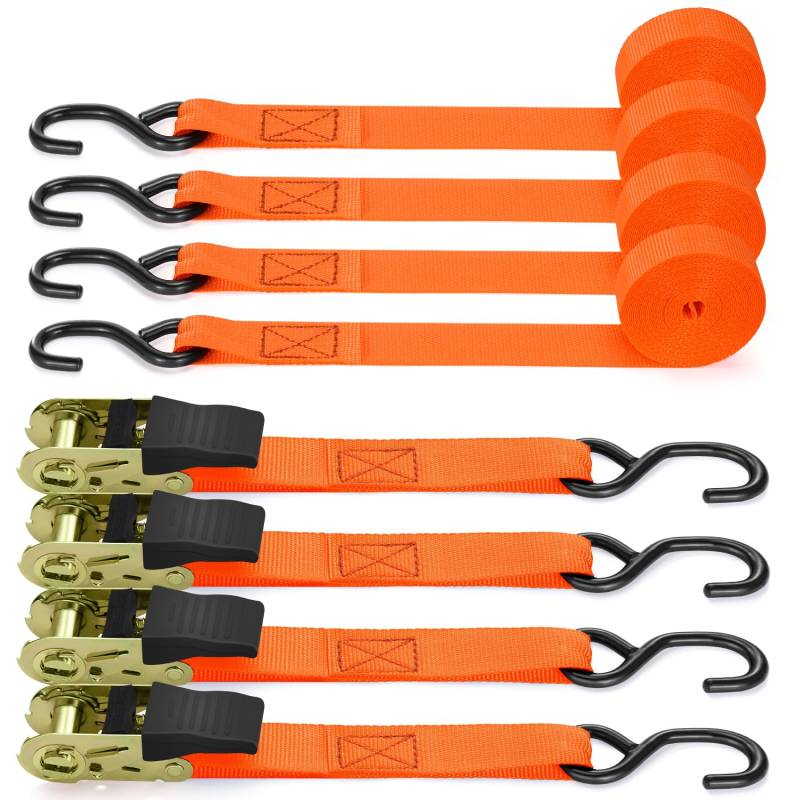 Ohuhu Spanngurte Mit Ratsche - 4 Stück 680Kg 4,6m Zurrgurt Orange 25mm Mit S-Haken Aus Beschichtetem Metall - Zweiteilig von Ohuhu