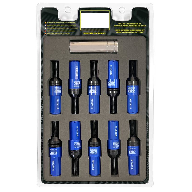 OMP SPEED Set 20 Radschrauben schwarz mit metrischer M12X1,5 Schlüssel 17-19 lang Gewinde 28 mm mit blauem Aluminiumschutz 7075 + DIN 12,9 von OMP