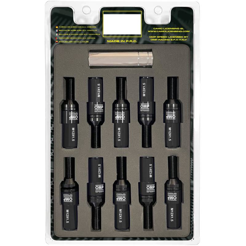 OMP SPEED Set 20 Radschrauben schwarz mit metrischer M12X1,5 Schlüssel 17-19 lang Gewinde 28 mm mit schwarzem Aluminium 7075 + DIN 12,9 von OMP