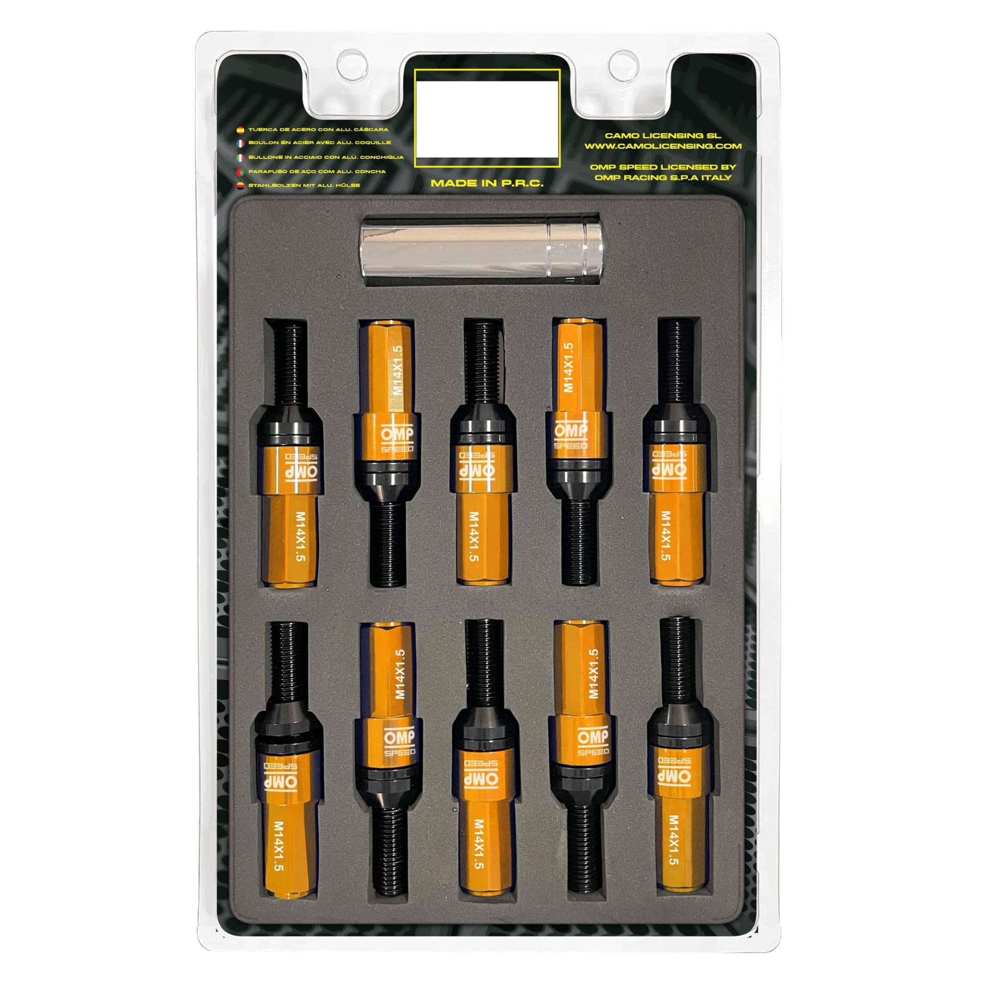OMP SPEED Set 20 Radschrauben schwarz mit metrischer M14X1,5 Schlüssel 17-19 lang Gewinde 28 mm mit orangefarbenem Aluminium 7075 + DIN 12,9 von OMP